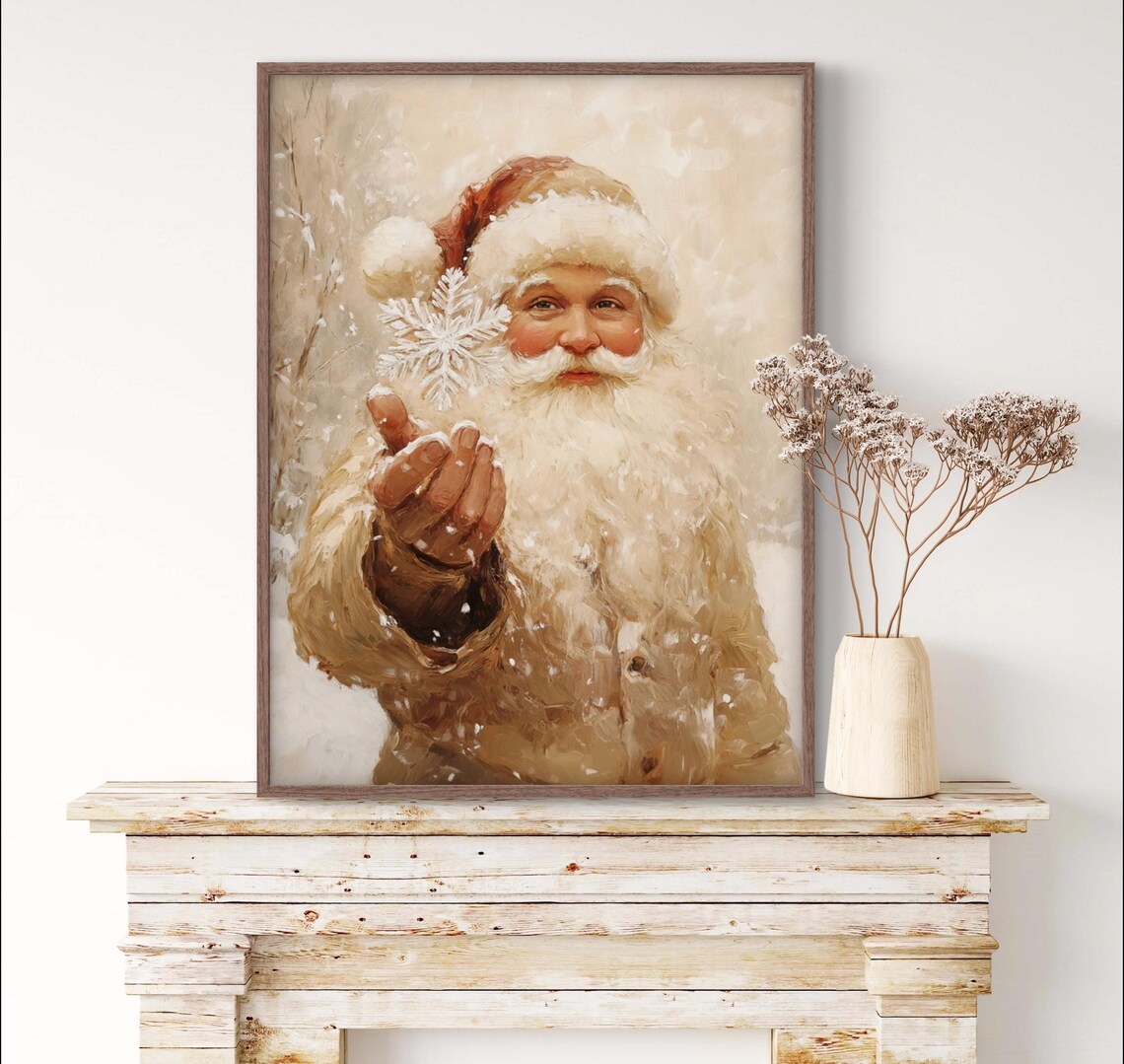 Vintage Santa In Beige Christmas Art Print - Image 3