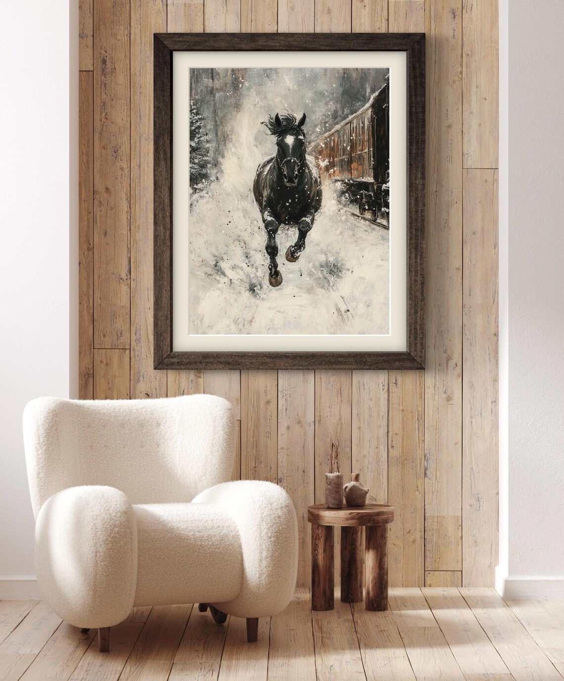 Black Horse Galloping Through Falling Snow Vintage Moody Wall Art Poster - Image 3