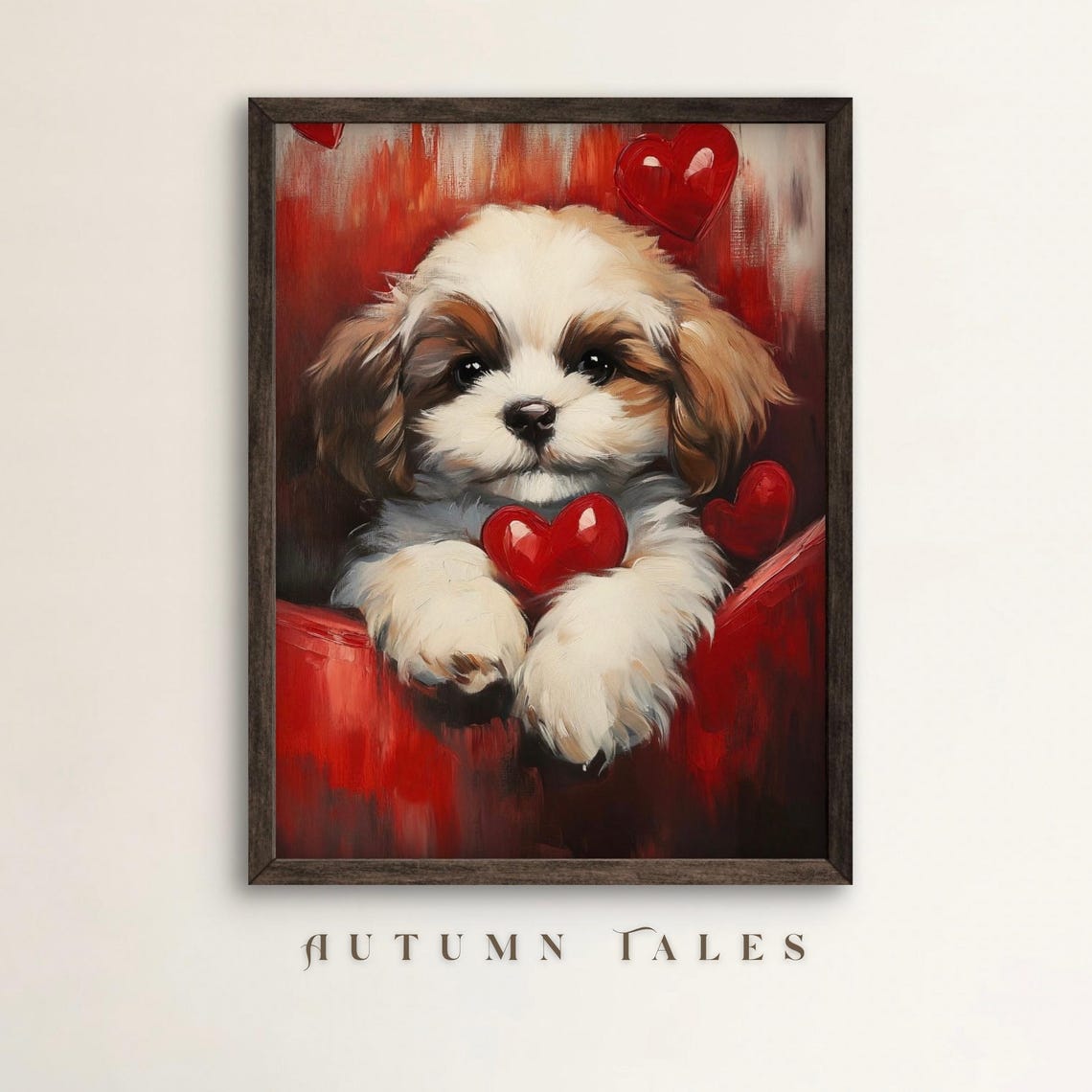 Valentines Day Wall Art Of Cute Shih Tzu Puppy Dog With Red Heart Red Aesthetic Animal Puppy Love