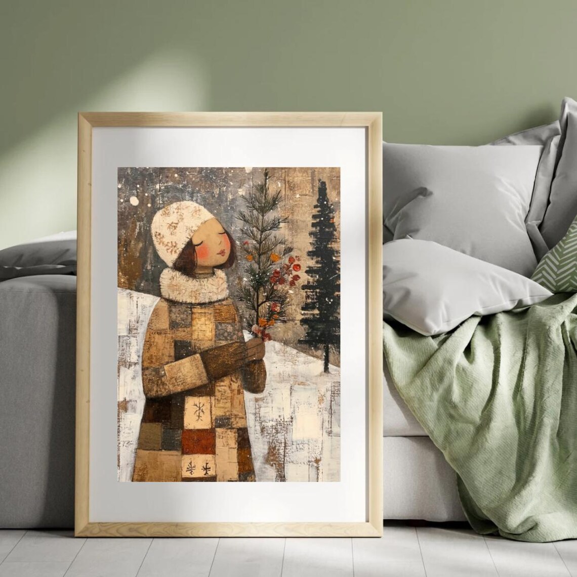 Winter Folk Art Christmas Girl Portrait Art Print - Image 2