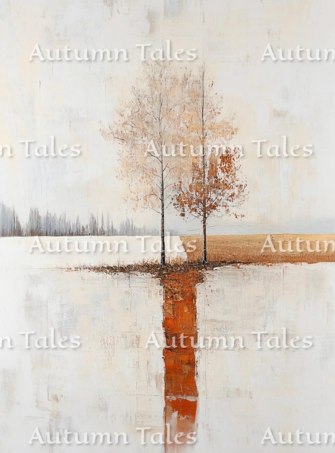 Two Autumn Trees At Still Water With Orange Reflection Art Print - Image 2