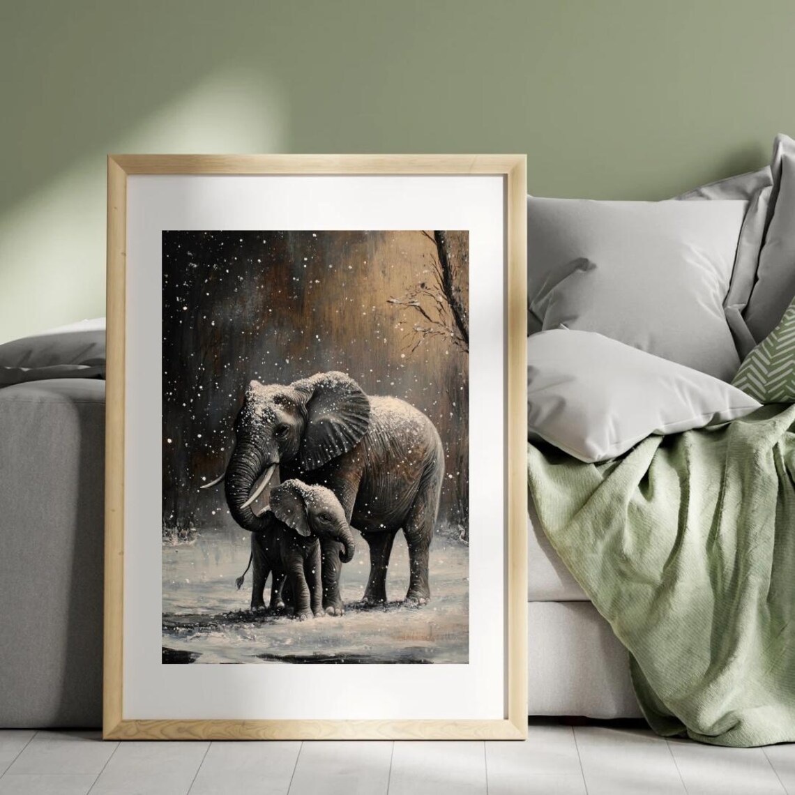 Mother Elephant and Baby Walking in Snow at Night Moody Wildlife Wall Art Poster - Image 3