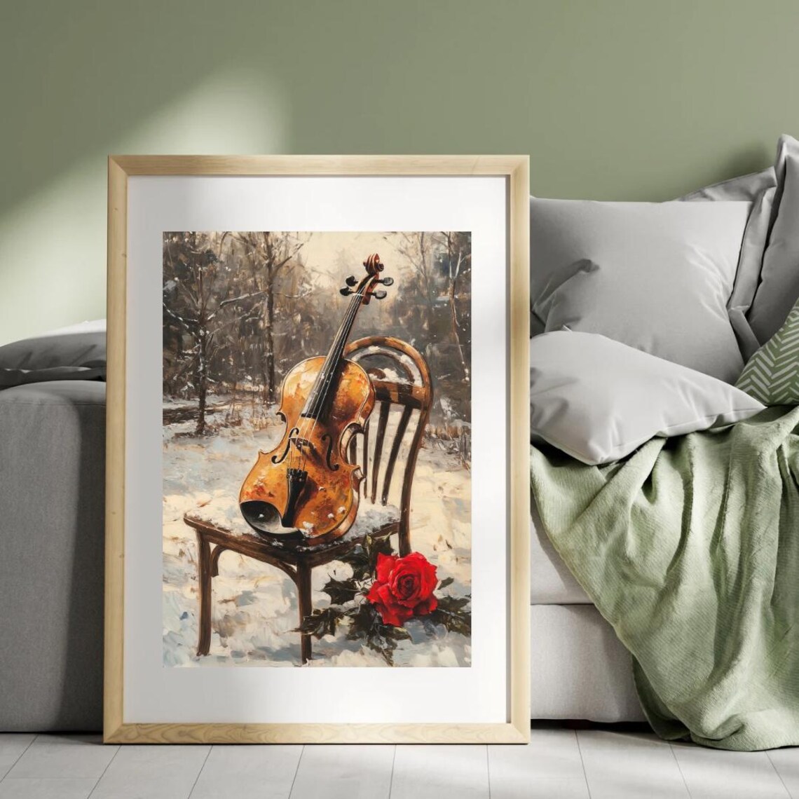 Violin on Snowy Forest Chair Red Rose Winter Music Art Poster - Image 4