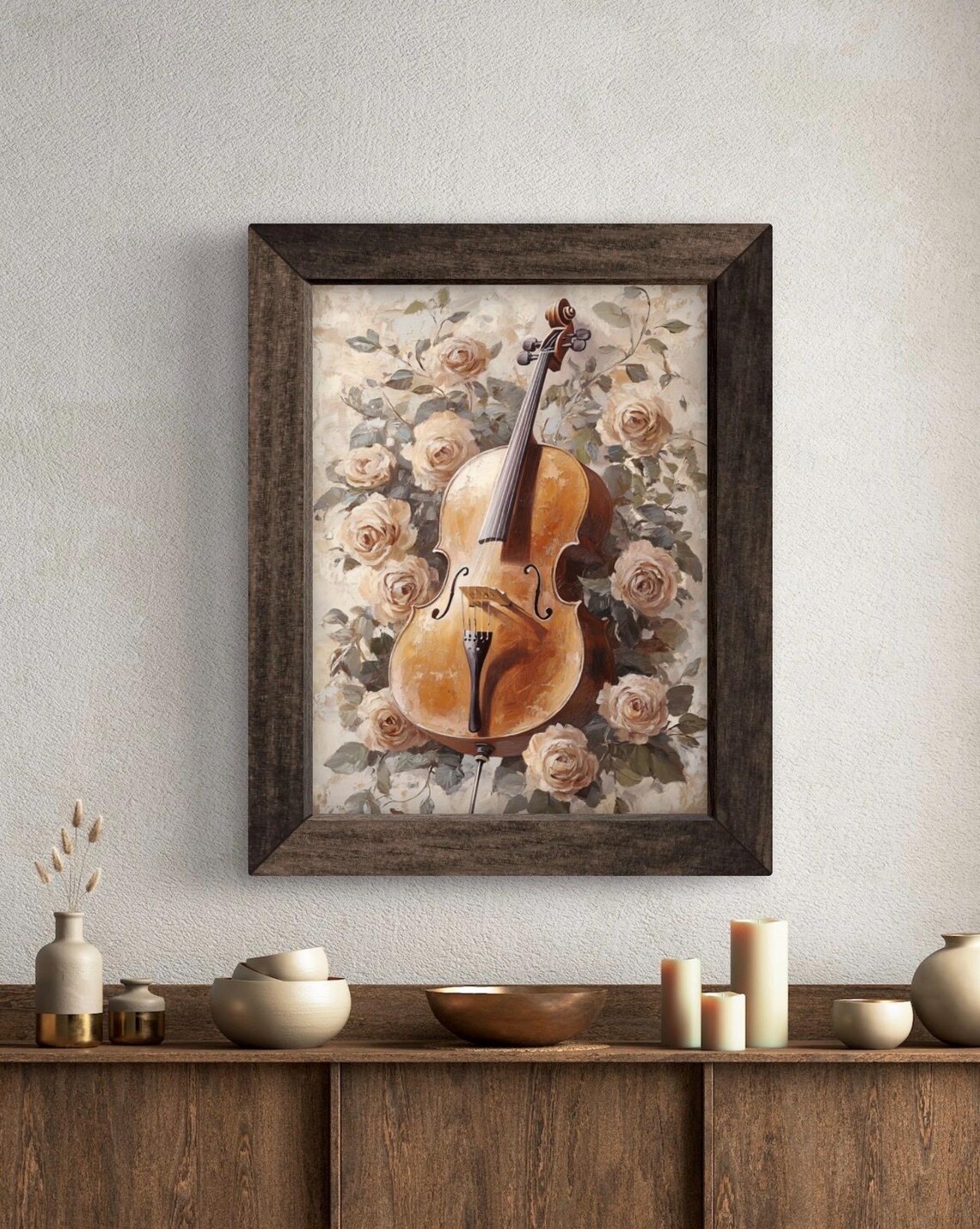 Vintage Cello Surrounded by Cream Roses Floral Musical Instrument Wall Art Print - Image 5