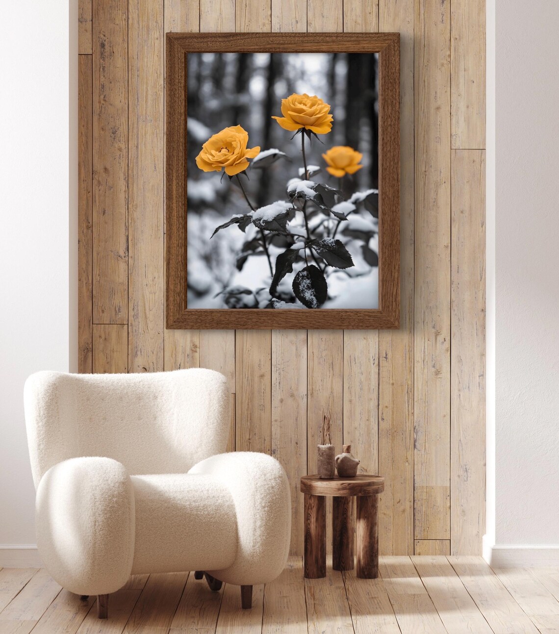 Golden Yellow Roses In Snow Black And White Winter Forest Photo Wall Print - Image 2