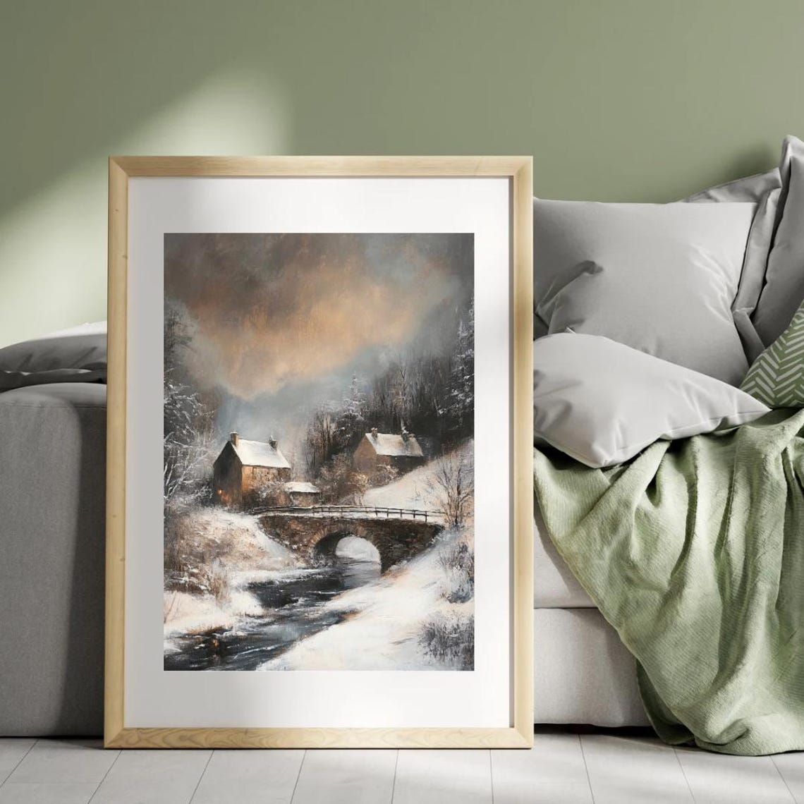 Moody Snowy Village Stone Bridge River Sunset Winter Landscape Poster - Image 3