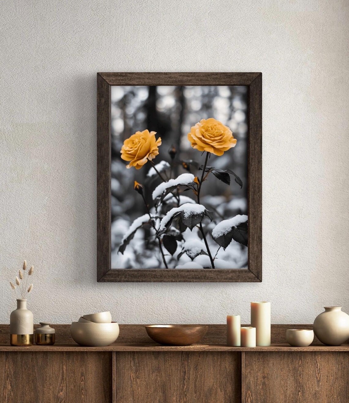 Yellow Roses Dusted With Snow In Monochrome Winter Garden Photo Art Poster - Image 5