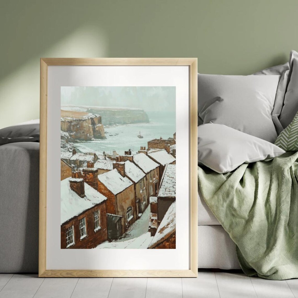 Old English Fishing Village in Snow with Coastal Cliffs Vintage Wall Art Poster - Image 3