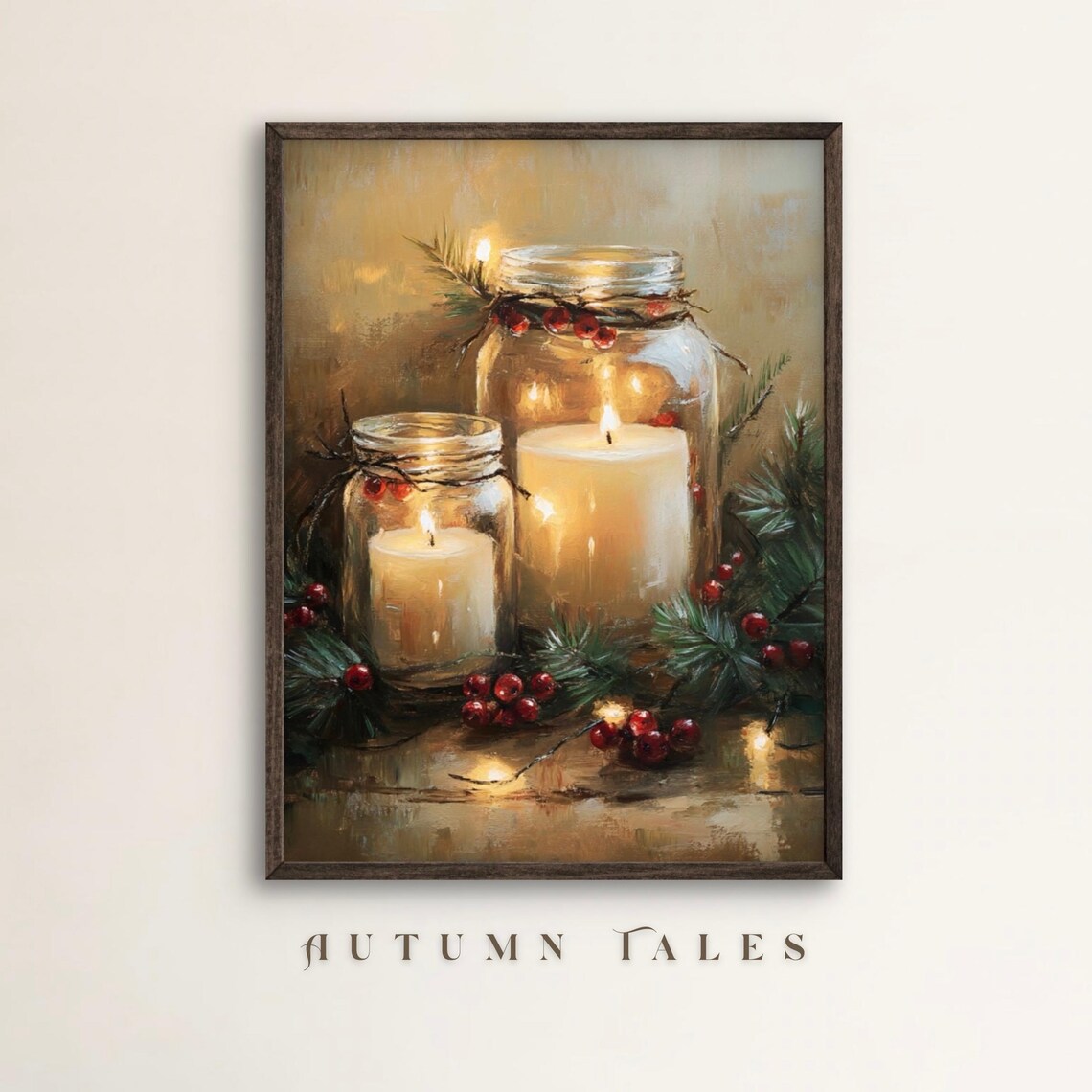 Mason Jar Candle With Holly Christmas Art Print