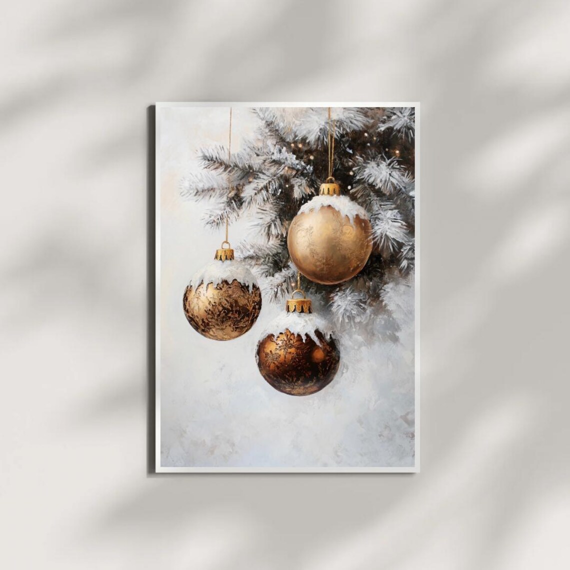 Gold Christmas Ornament Art Print, Snowy Pine Tree - Image 2