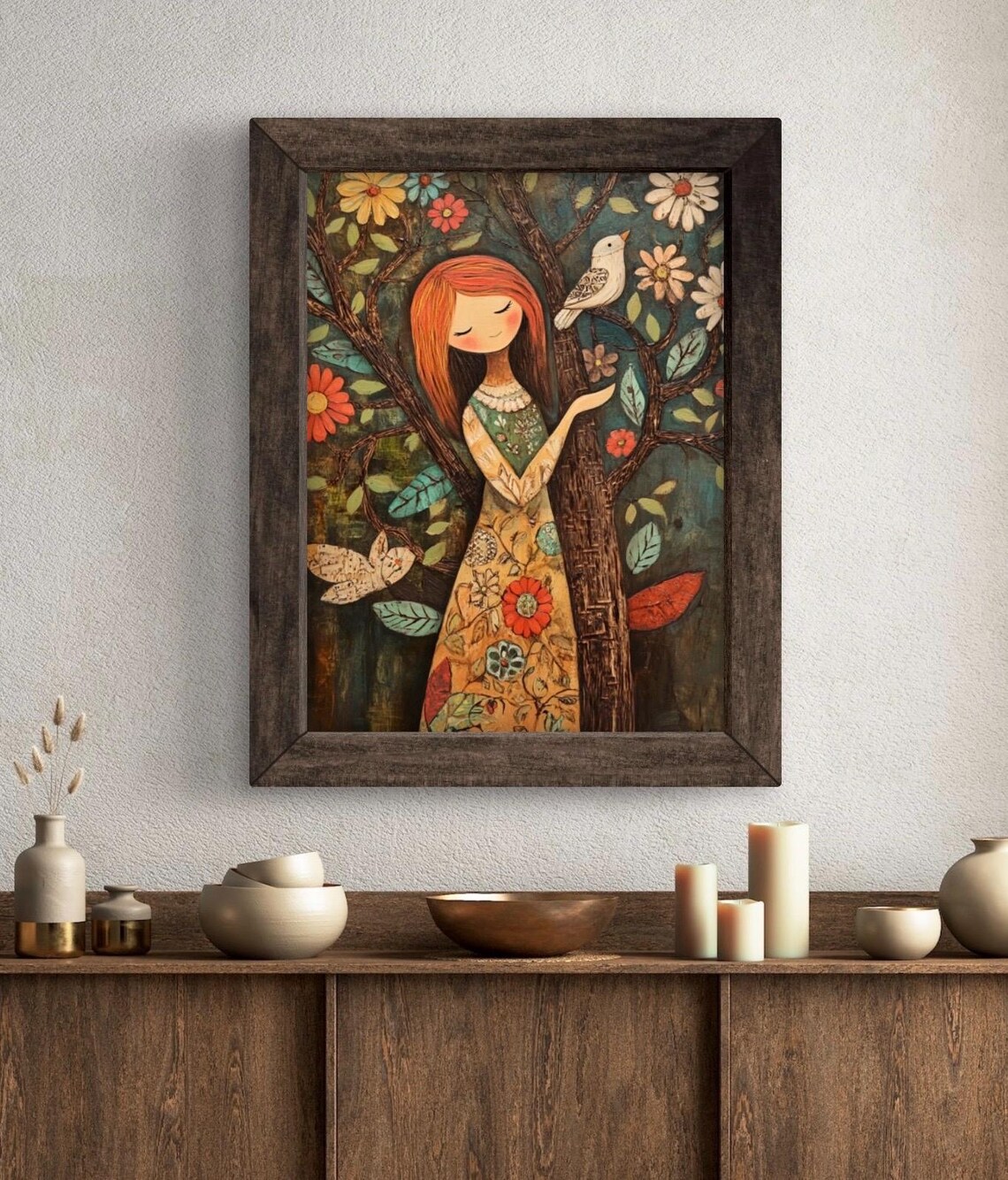 Red Haired Girl by Blooming Tree with Bird Whimsical Folk Art Wall Art Poster - Image 5
