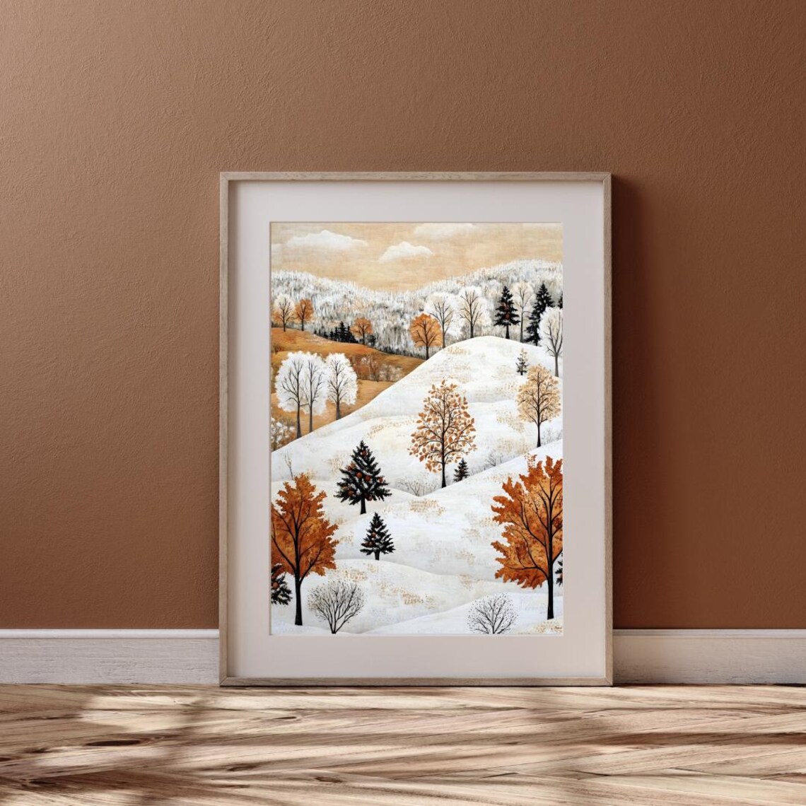 Charming Folk Art Snowy Hills With Orange Winter Trees Art Print - Image 4