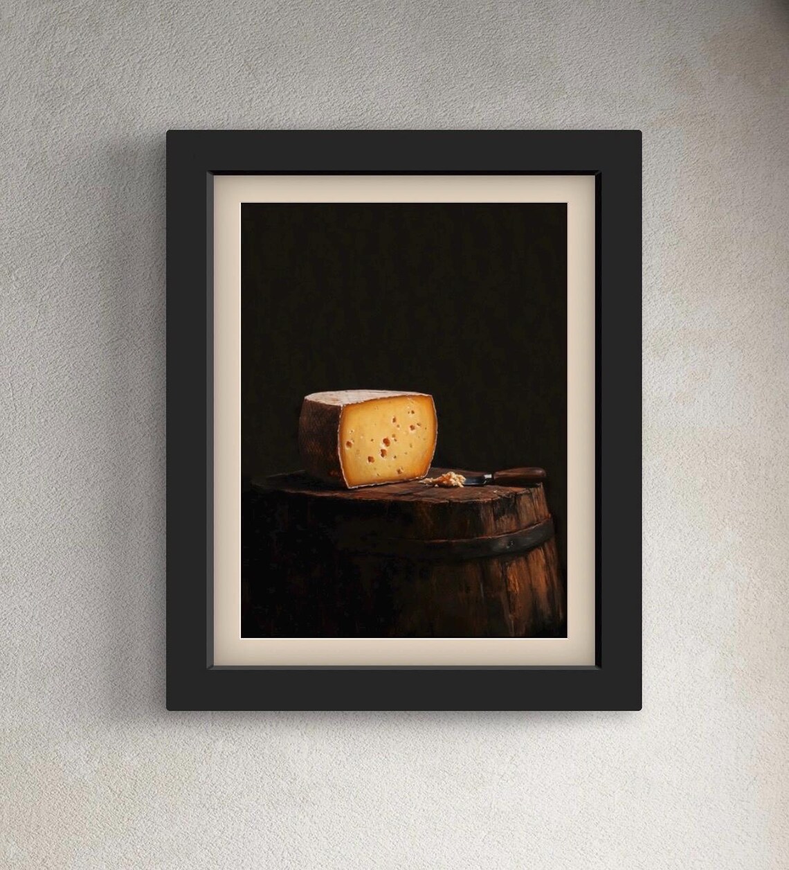 Gouda Cheese Wheel Wooden Barrel Moody Rustic Food Art Poster - Image 2