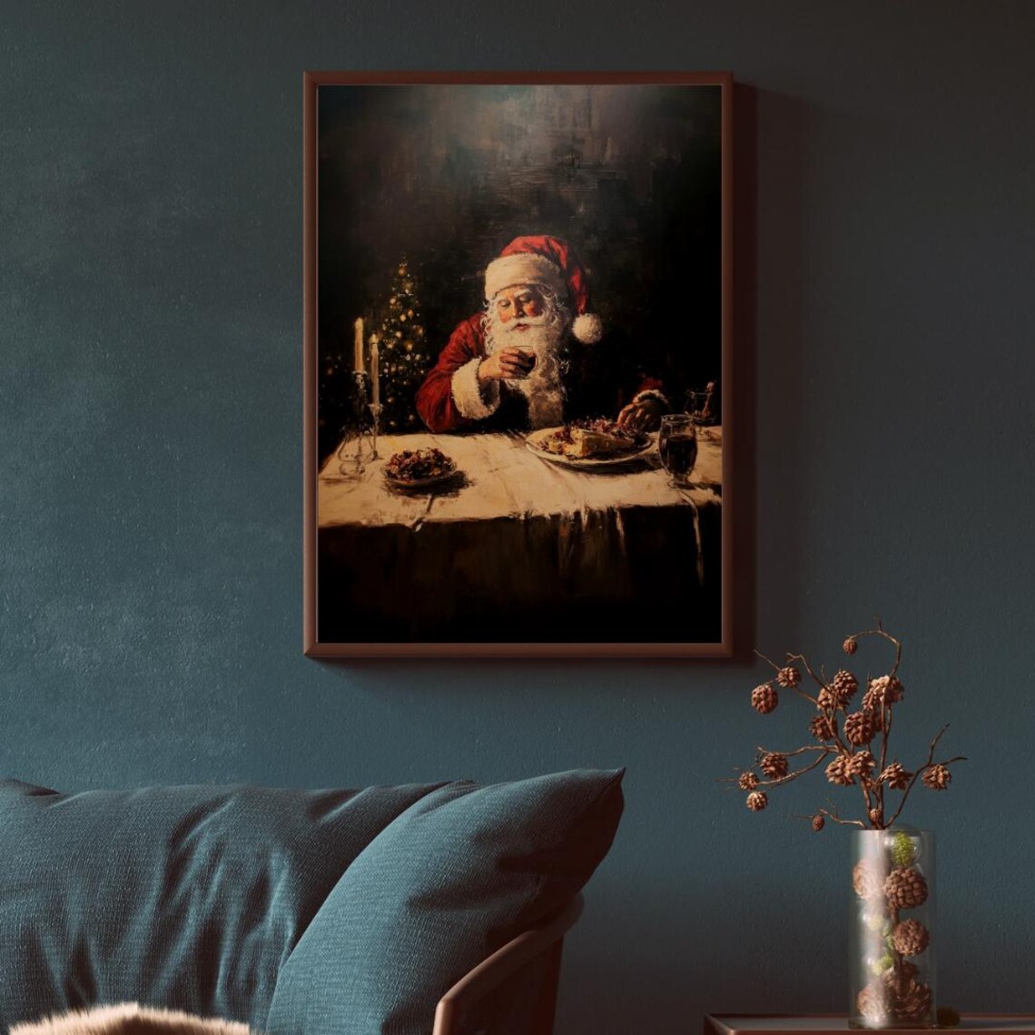 Vintage Santa Christmas Dinner Moody Oil Painting Holiday Poster - Image 3