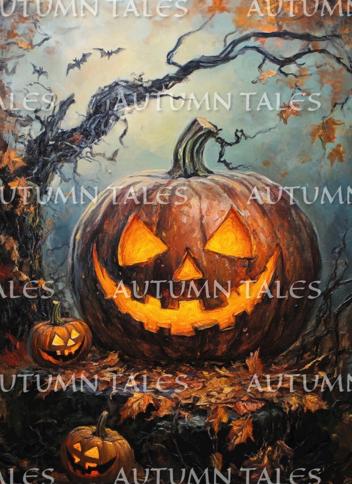 Giant Glowing Jack O Lantern Under Twisted Autumn Tree Spooky Halloween Poster - Image 4