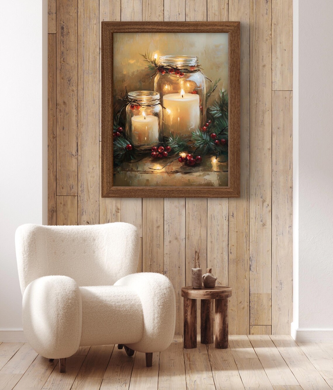 Mason Jar Candle With Holly Christmas Art Print - Image 3