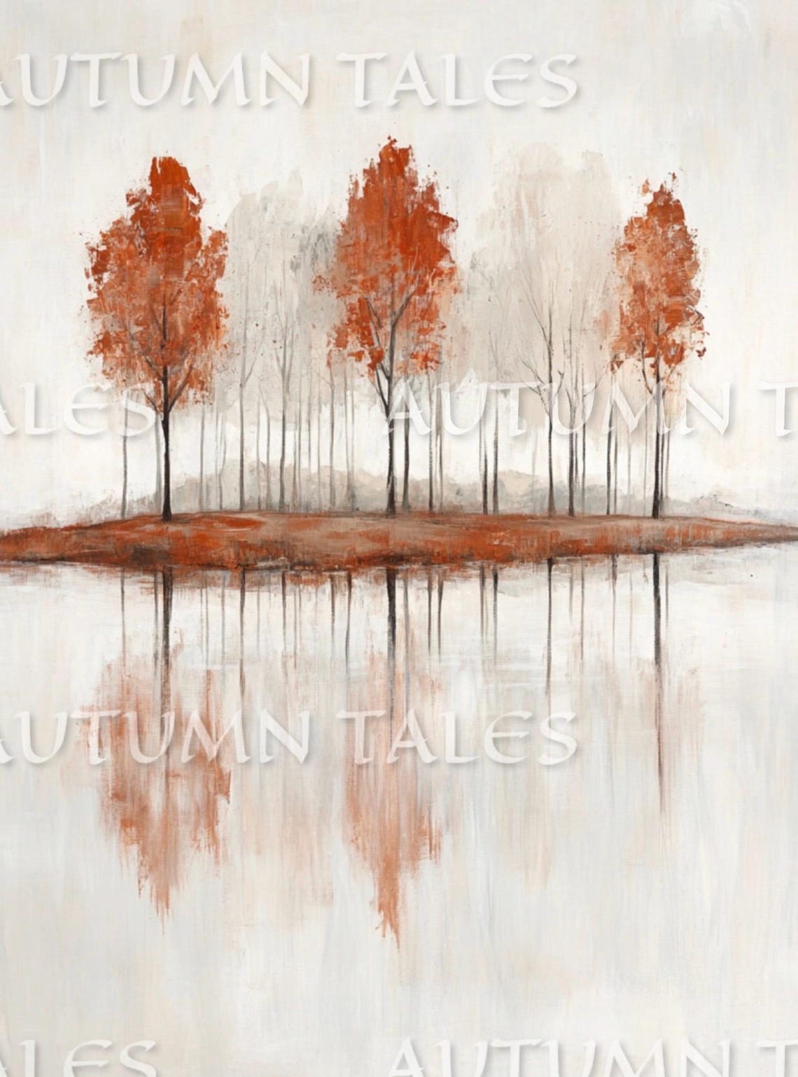 Rustic Orange Trees Lake Reflection Minimalist Autumn Landscape Poster - Image 3