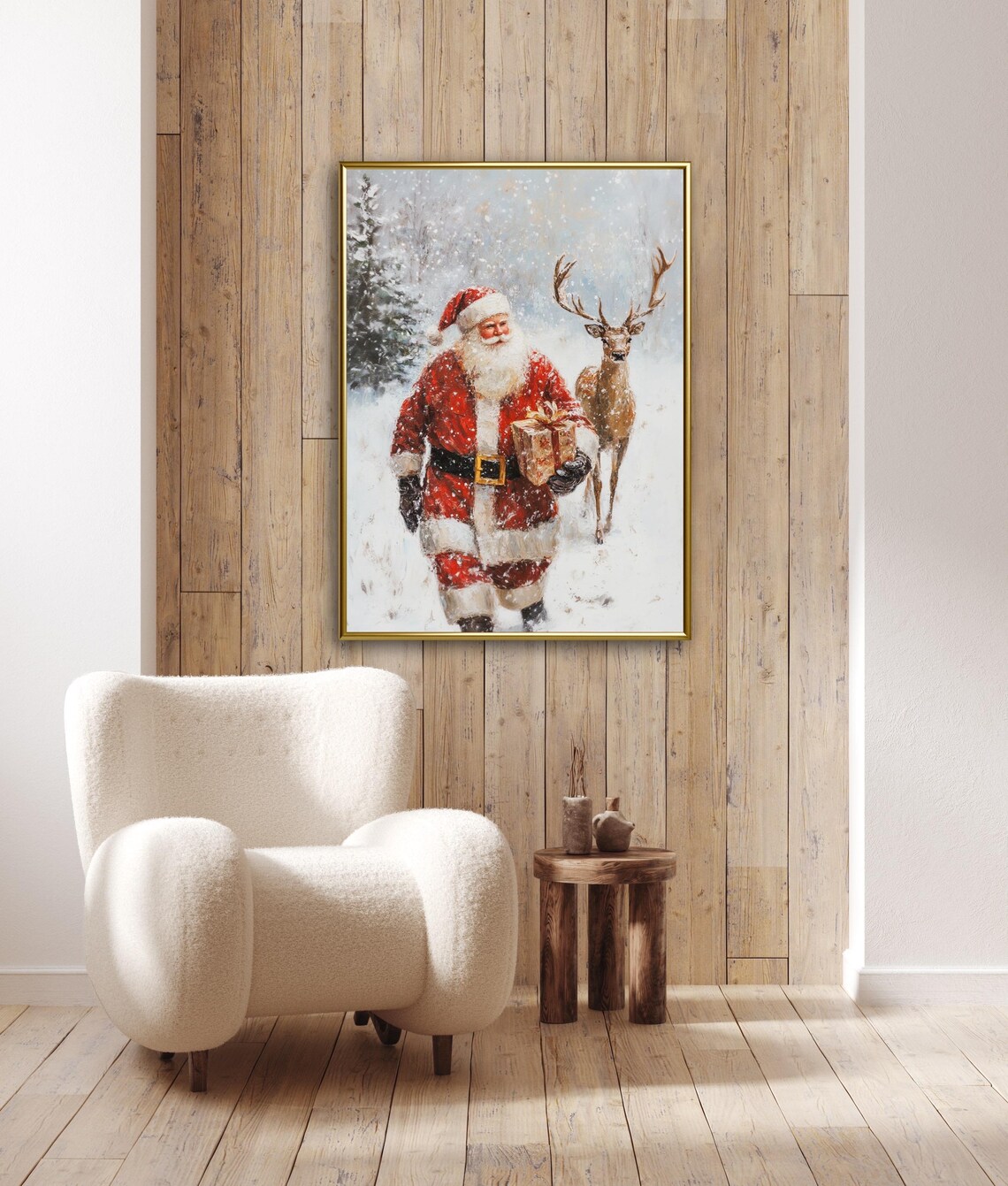 Vintage Santa Claus Reindeer Snowy Forest Christmas Wall Art - Image 2