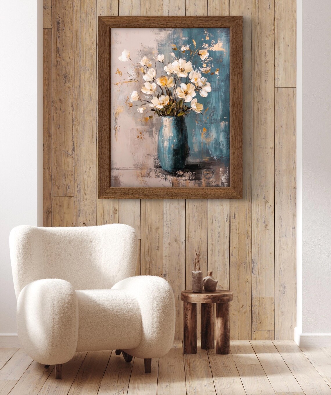 Blue Ceramic Vase with White Flowers Abstract Floral Still Life Wall Art Print - Image 2