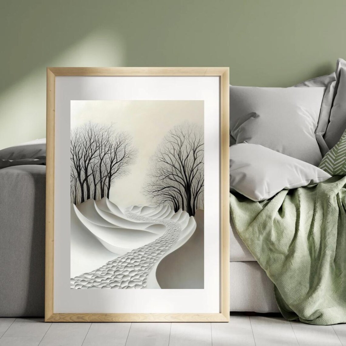 Minimalist Black and White Winter Path Through Bare Trees Snow Wall Art Poster - Image 4