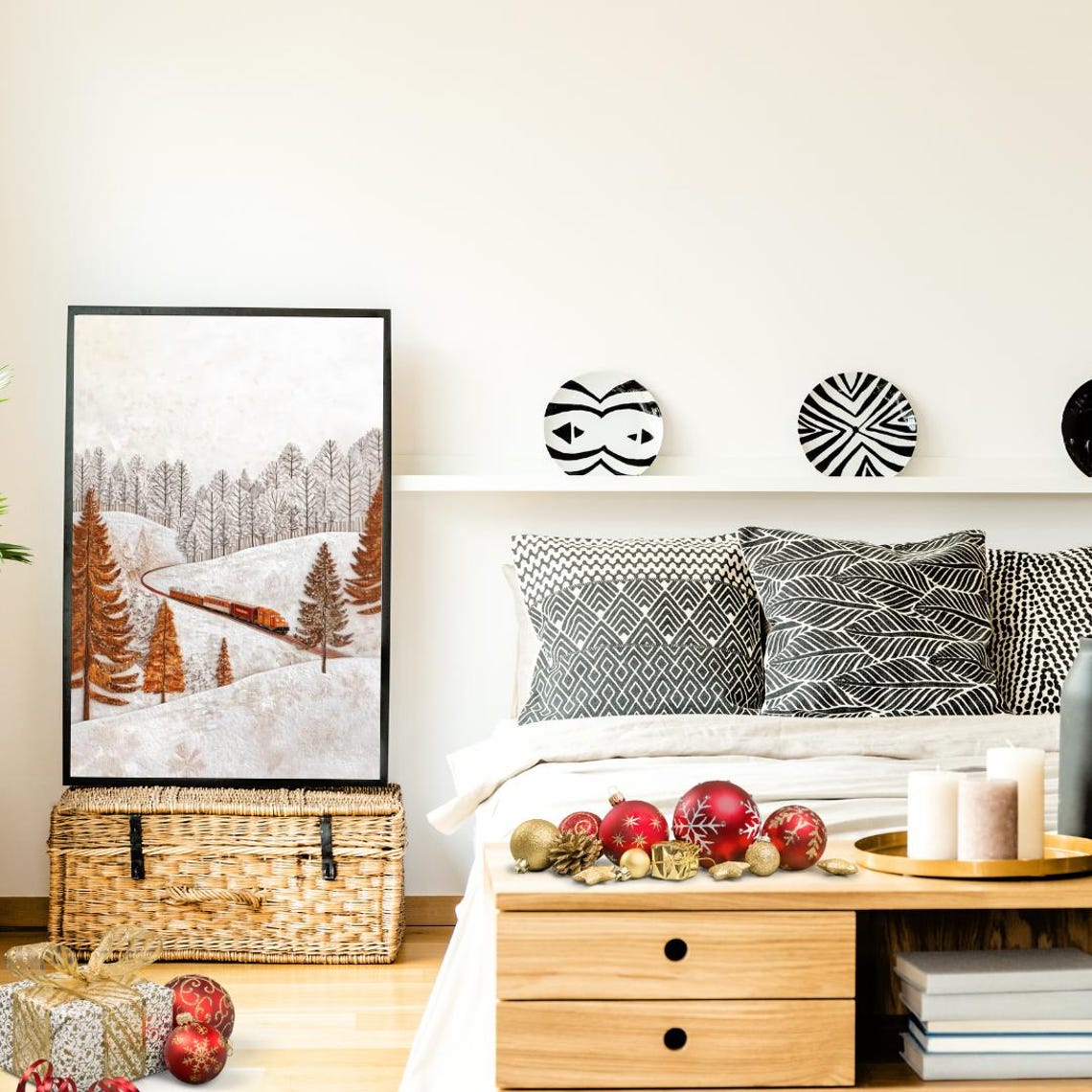 Textured Winter Train Snowy Forest Folk Art Christmas Decor Poster - Image 2