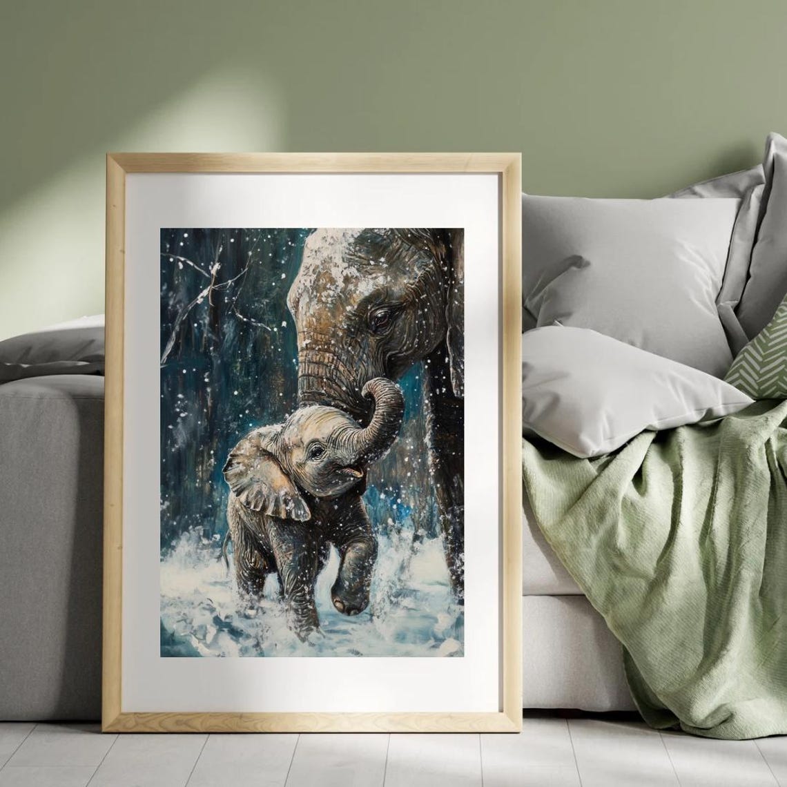 Baby Elephant With Mother In Snowy Forest Playful Wildlife Art Poster - Image 4