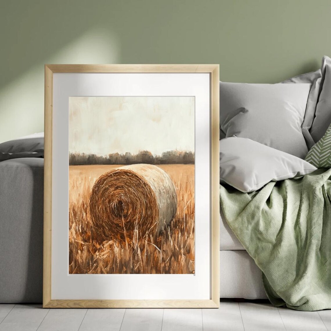 Rustic Hay Bale In Golden Autumn Field Minimalist Farmhouse Landscape Print - Image 5