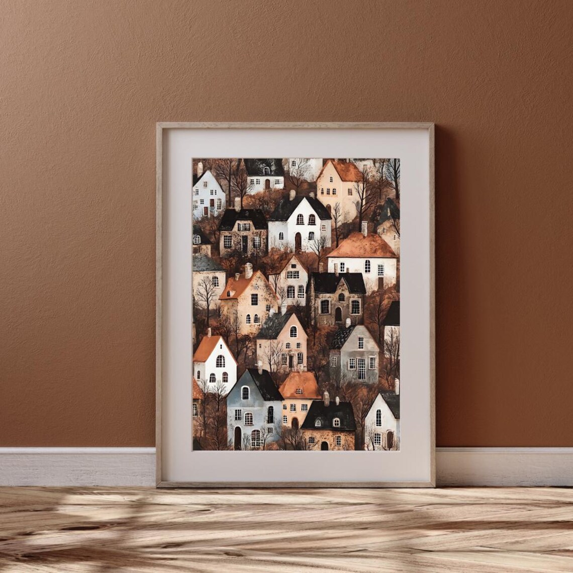 Folk Art Hillside Town Of Autumn Houses In Earthy Tones Art Print - Image 4