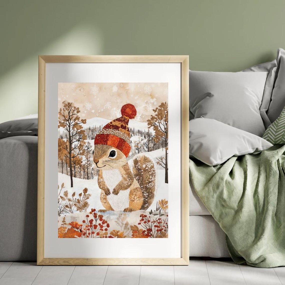 Cute Squirrel Red Beanie Hat Snowy Forest Winter Animal Poster - Image 3