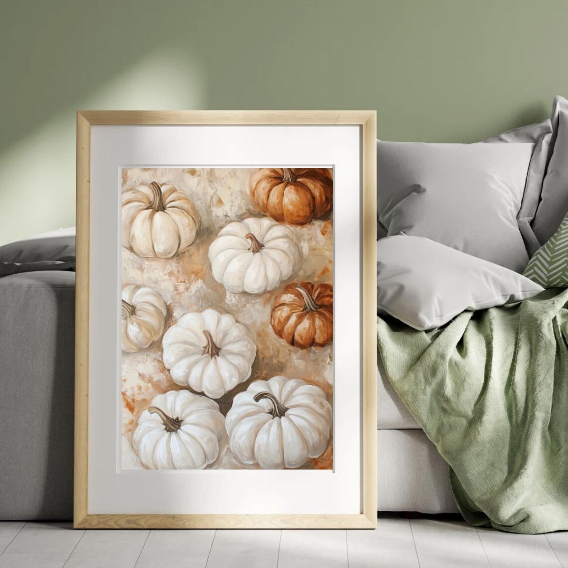 White and Rust Pumpkins Pattern Neutral Farmhouse Autumn Decor Wall Art - Image 3