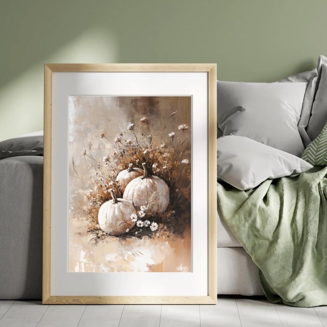 White Pumpkins With Wildflowers Neutral Farmhouse Autumn Style Wall Art - Image 3