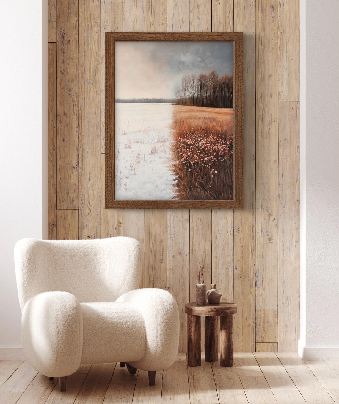 Half Winter Half Spring Snowy Field With Golden Grasses Seasonal Landscape Poster - Image 2
