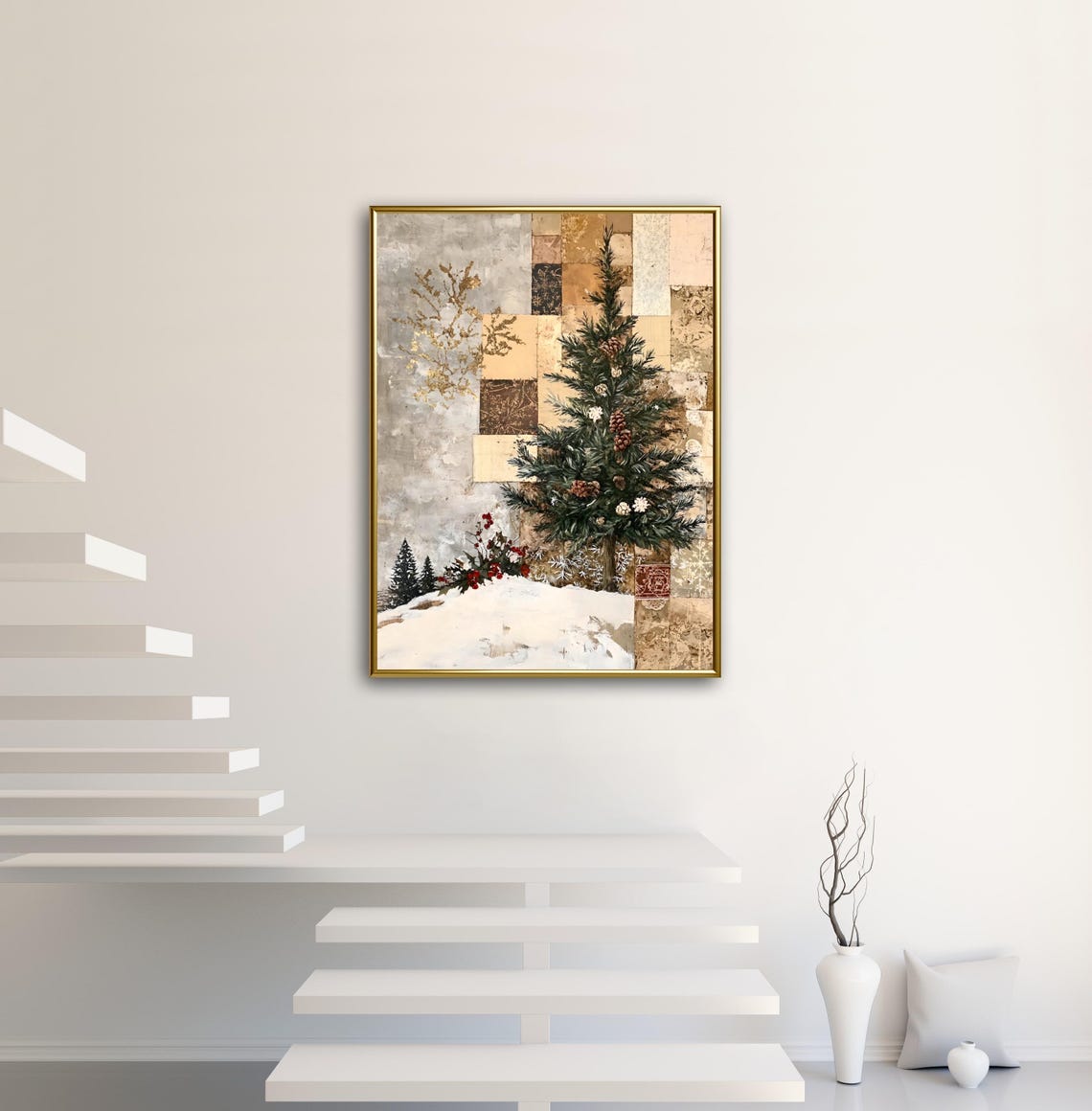 Christmas Tree With Pinecones And Holly Berries Winter Art Print - Image 2