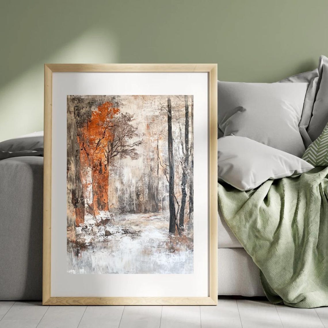 Moody Abstract Autumn Forest With Bold Orange Tree Art Print - Image 3