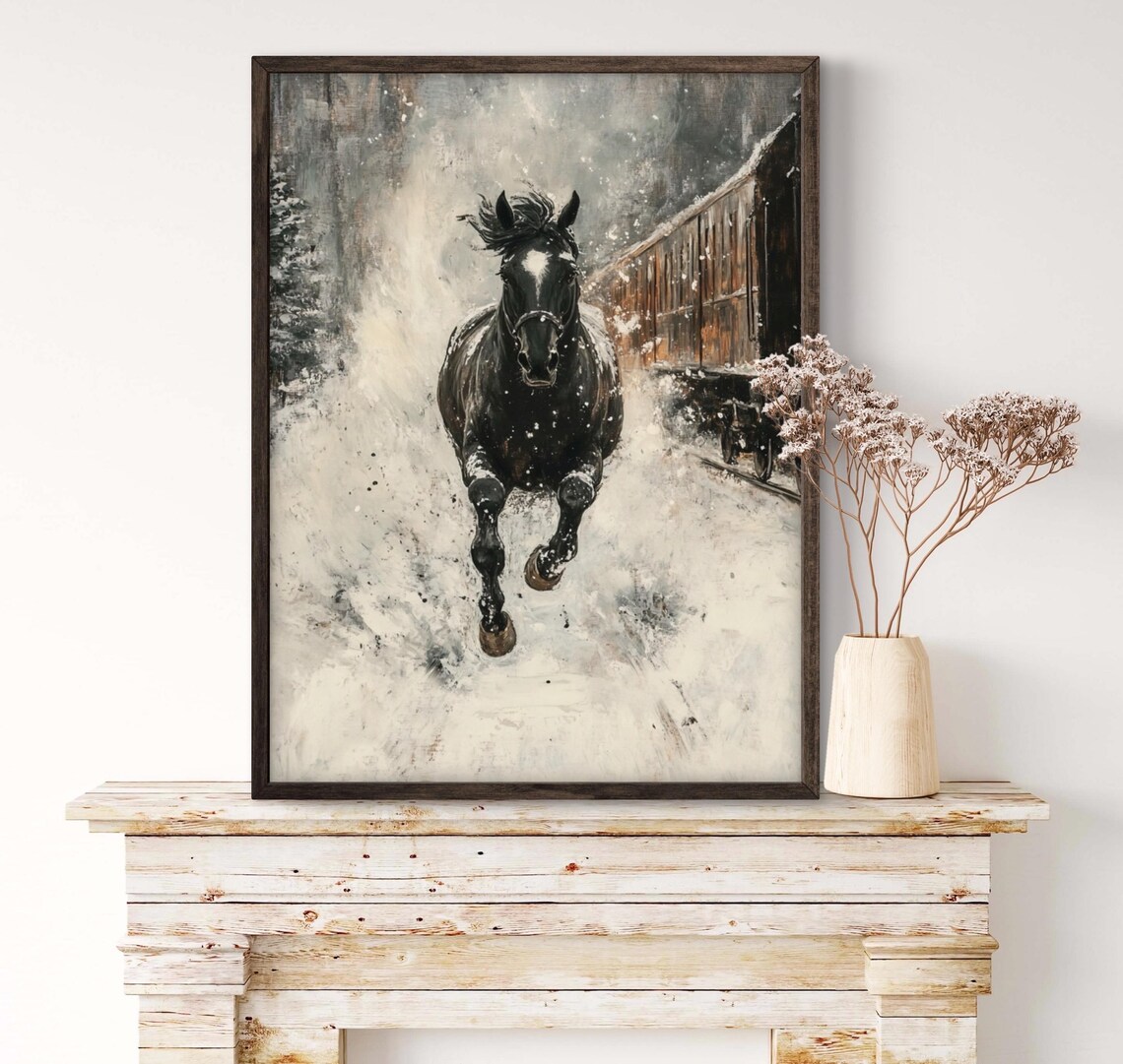 Black Horse Galloping Through Falling Snow Vintage Moody Wall Art Poster - Image 2