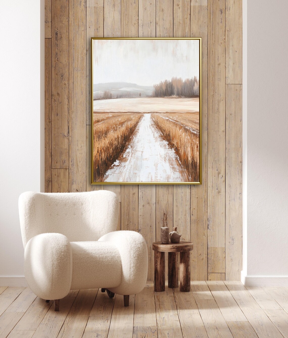 Snowy Path Through Golden Wheat Field Misty Minimalist Winter Landscape Print - Image 5