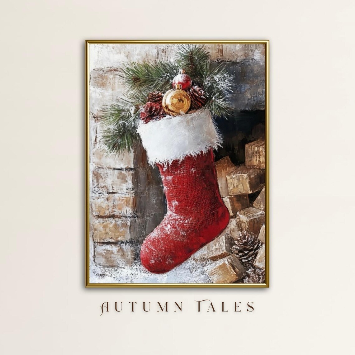 Vintage Christmas Stocking Art Print, Cottagecore Farmhouse
