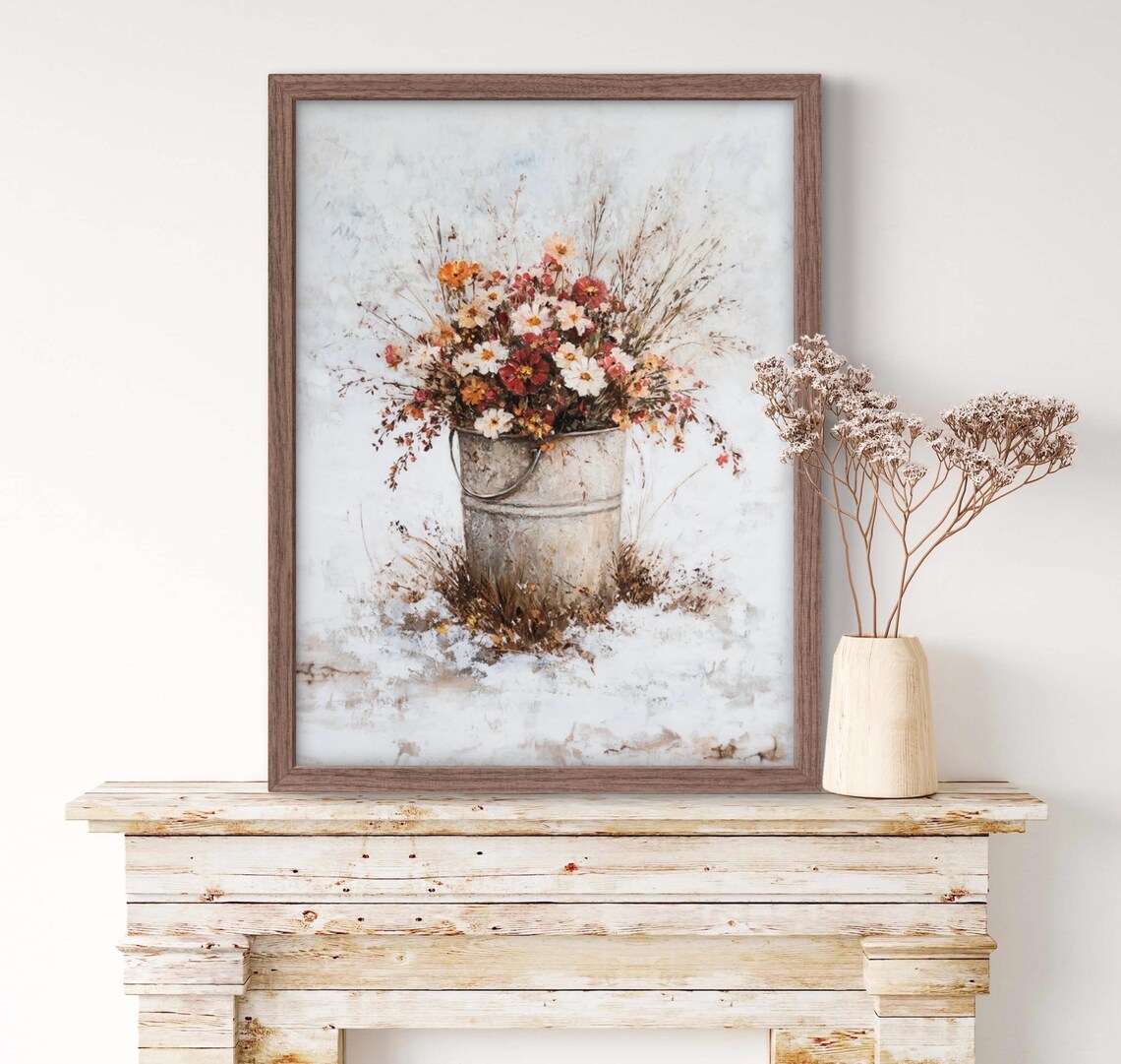 Winter Wildflowers Galvanized Bucket Snowy Floral Art Poster - Image 2
