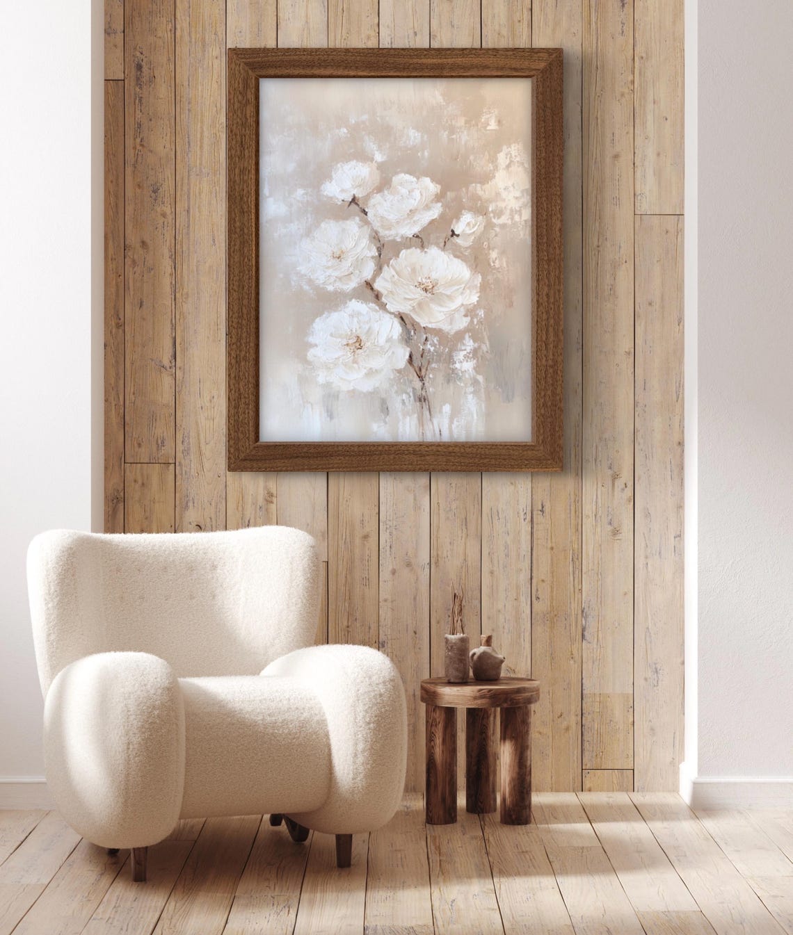 White Peonies on Soft Beige Abstract Minimalist Floral Wall Art Print - Image 3