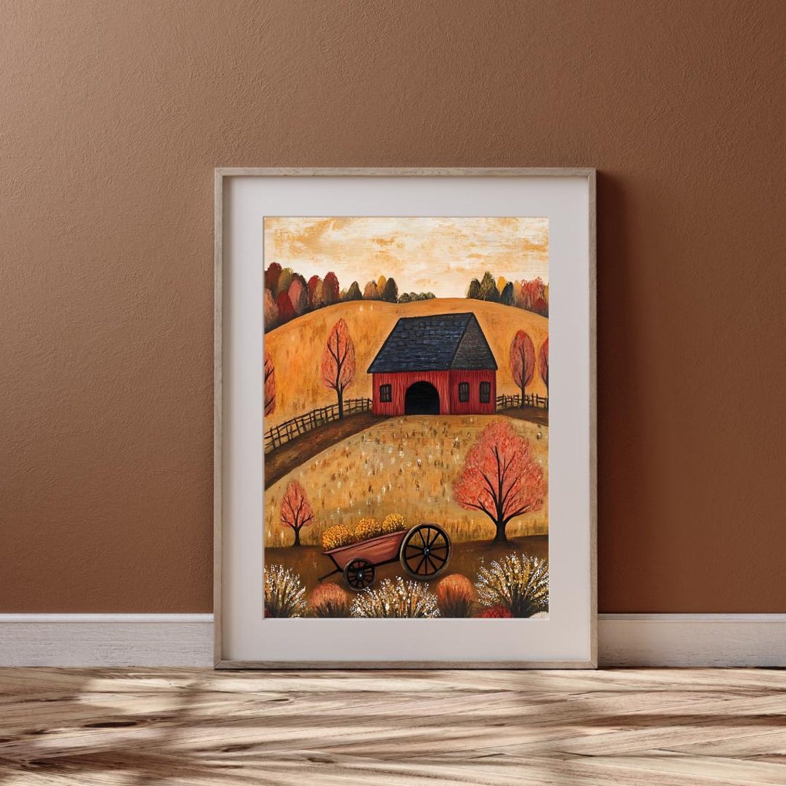 Rustic Folk Art Red Barn With Hay Wagon In Golden Field Art Print - Image 4