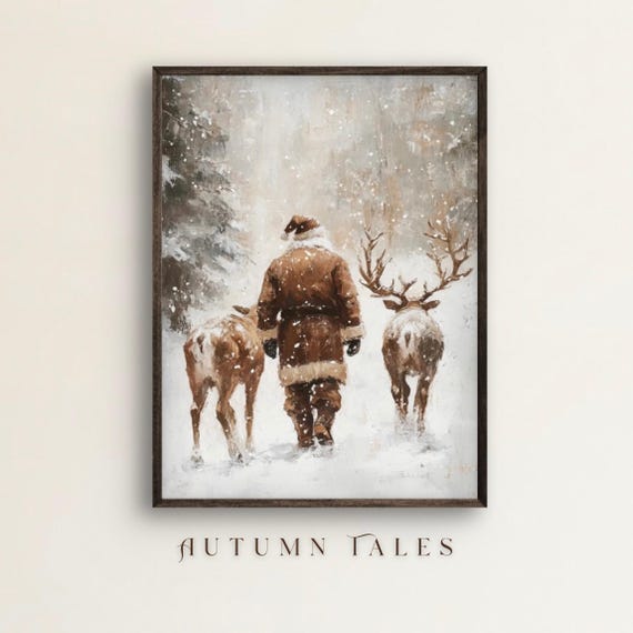 Santa And Reindeers Winter Landscape Art Print