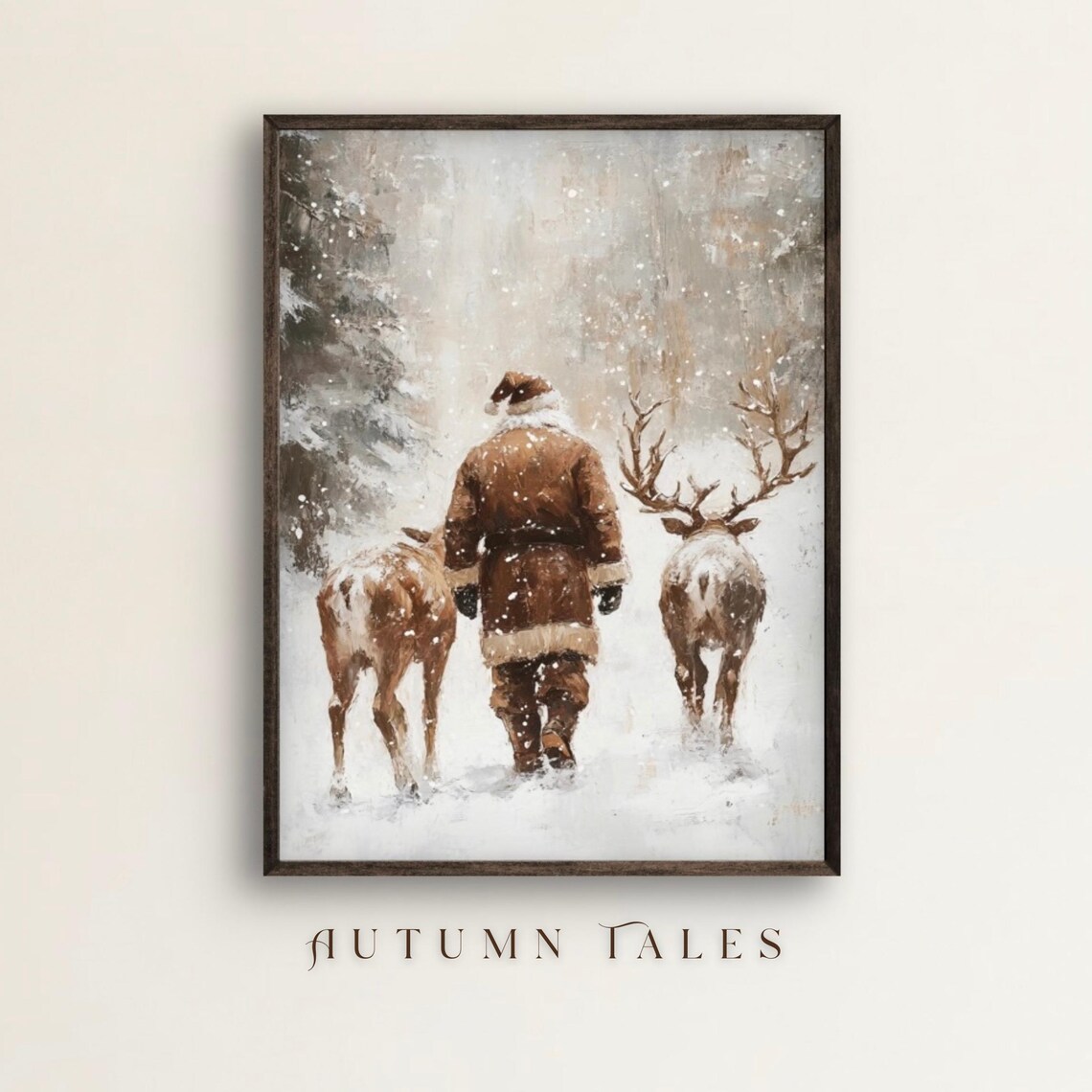 Santa And Reindeers Winter Landscape Art Print