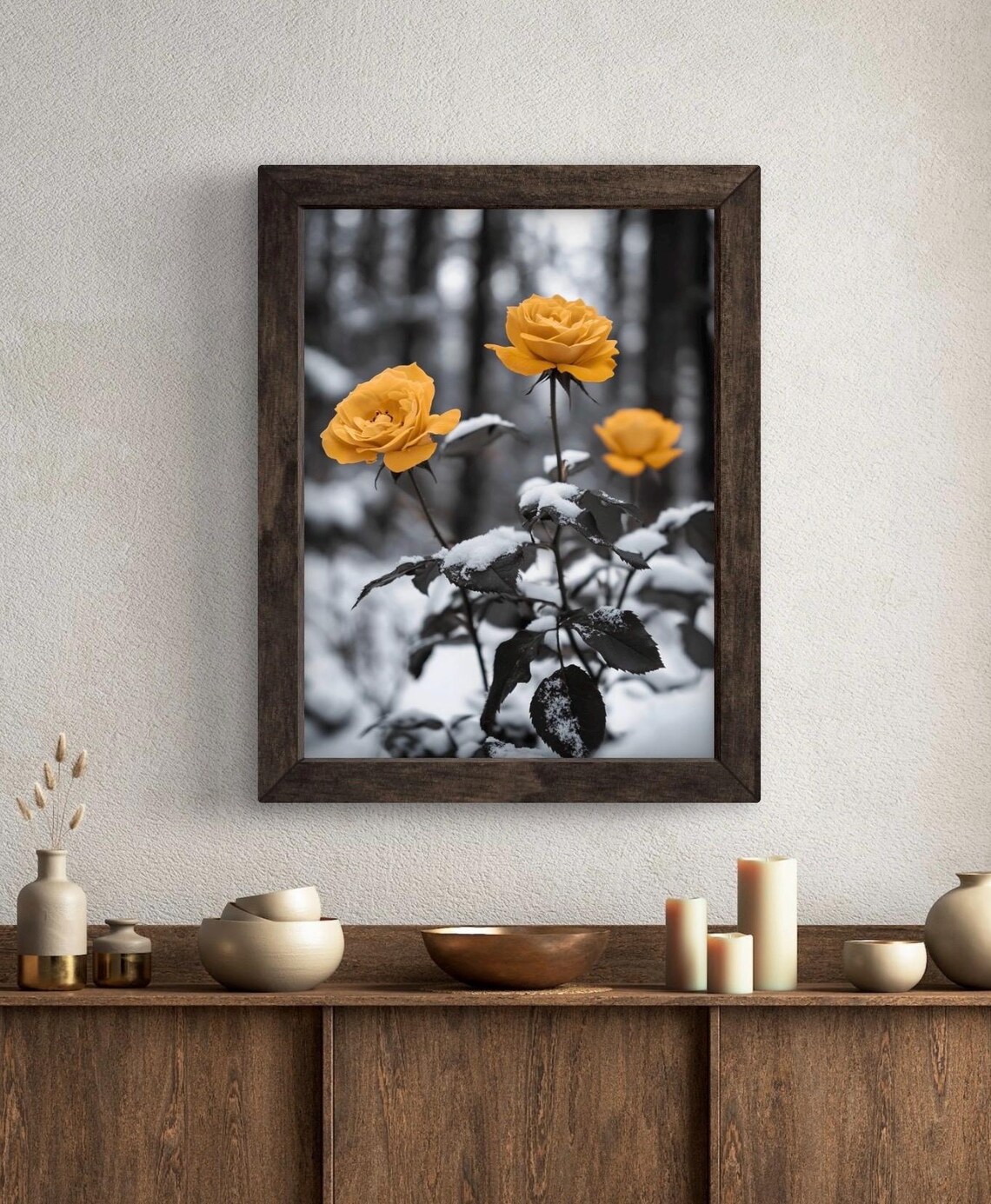 Golden Yellow Roses In Snow Black And White Winter Forest Photo Wall Print - Image 5