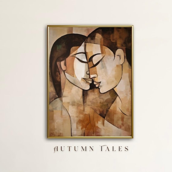 Cubist Couple Faces Embrace Abstract Love Modern Neutral Tone Wall Art
