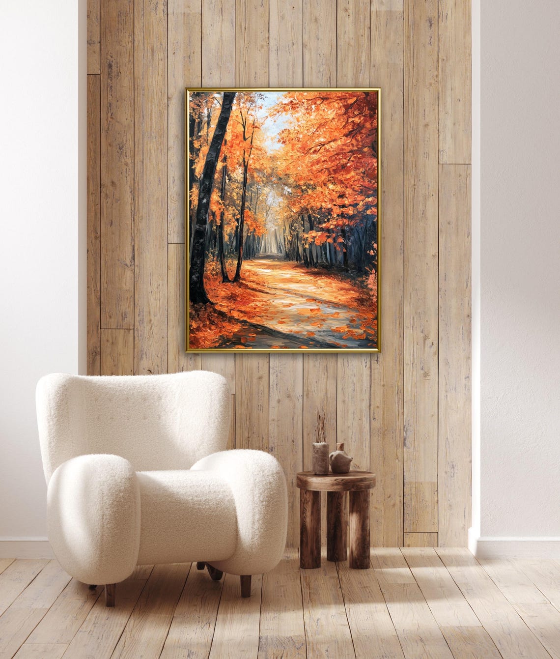 Fiery Vibrant Orange Autumn Forest Path Oil Painting Art Print - Image 3