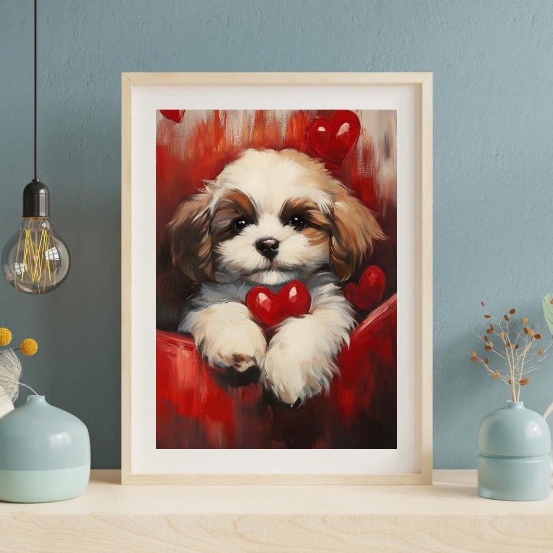 Valentines Day Wall Art Of Cute Shih Tzu Puppy Dog With Red Heart Red Aesthetic Animal Puppy Love - Image 4
