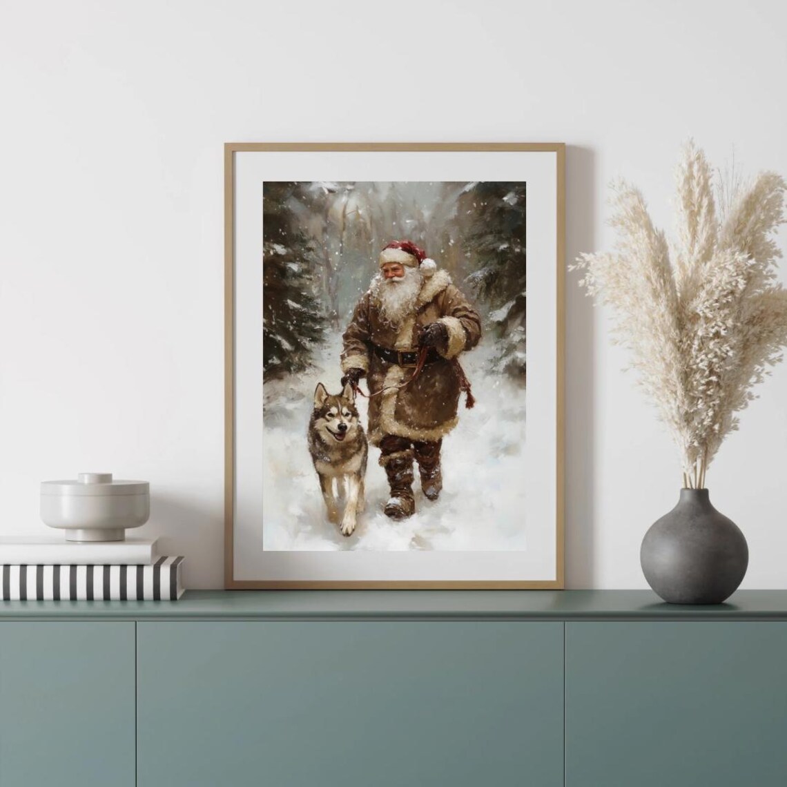 Santa Husky Dog Vintage Christmas Landscape Art Print - Image 4