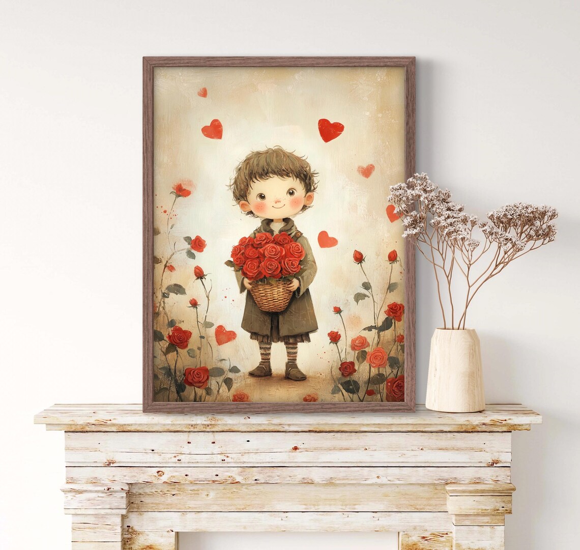 Valentines Wall Art Print Of A Little Boy With A Basket Of Roses Surroudned By Red Heart And Rose Flowers Kids Valentines Gift - Image 3