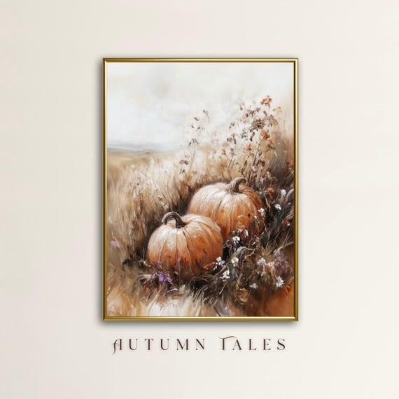 Fall Pumpkin Wildflower Landscape Vintage Farmhouse Art Print