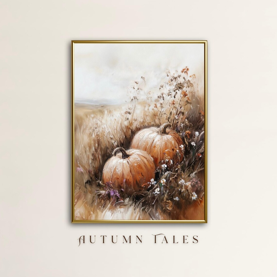 Fall Pumpkin Wildflower Landscape Vintage Farmhouse Art Print